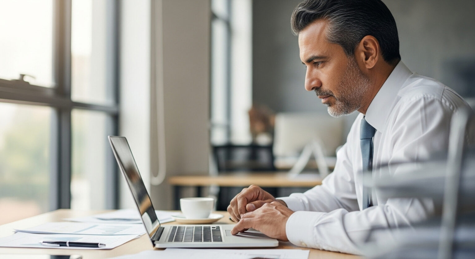 Focused senior businessman entrepreneur sitting at desk working on financial project, looking thinking at screen. Mature 50s Latin business man ceo manager using laptop computer in office. Copy space