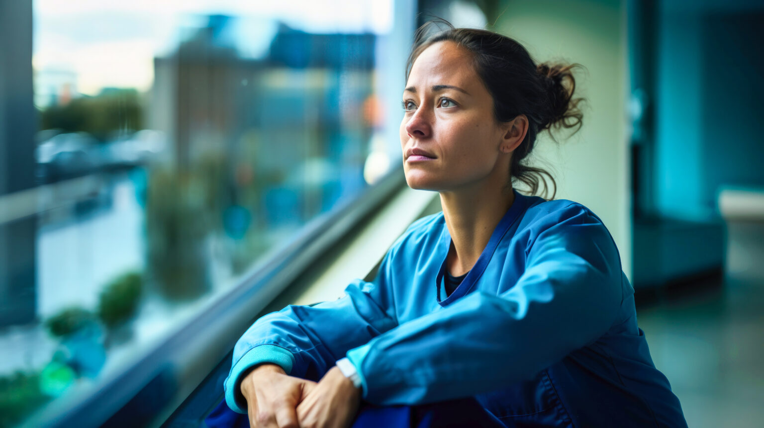 Thoughtful young Female Doctor Sitting by Window in blue Hospital Scrub